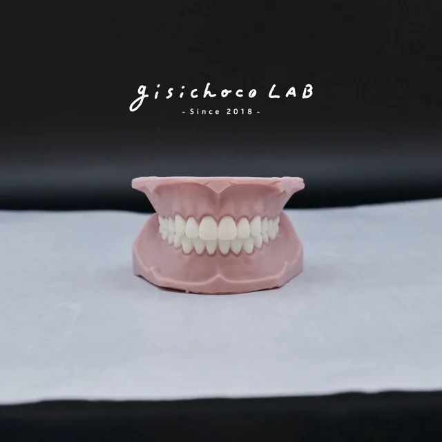 白い歯とピンク色の歯ぐきをチョコレートで表現した、実物大の義歯チョコ