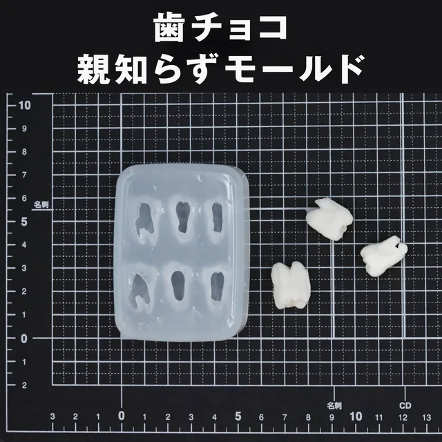 歯の根までかたどった親知らずのモールドと、白い歯の制作例